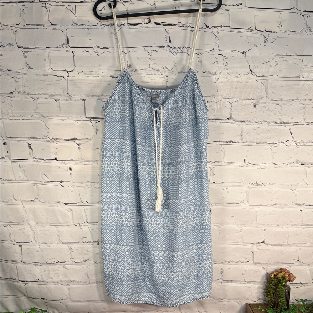 Aerie Blue Patterned Spaghetti Drawstring Adjustable Strap Midi Dress tassles
